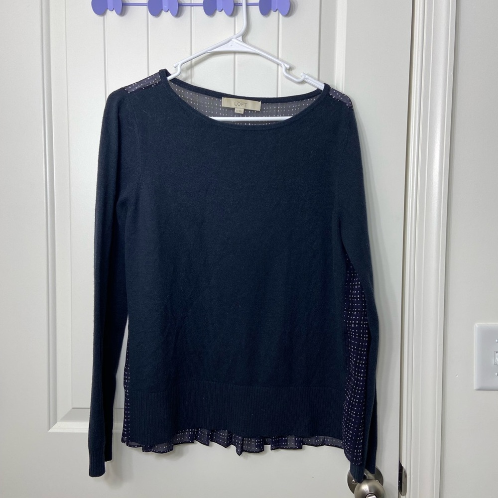 EUC LOFT women’s navy sheer dotted back long sleeve scoop neck blouse sweater M